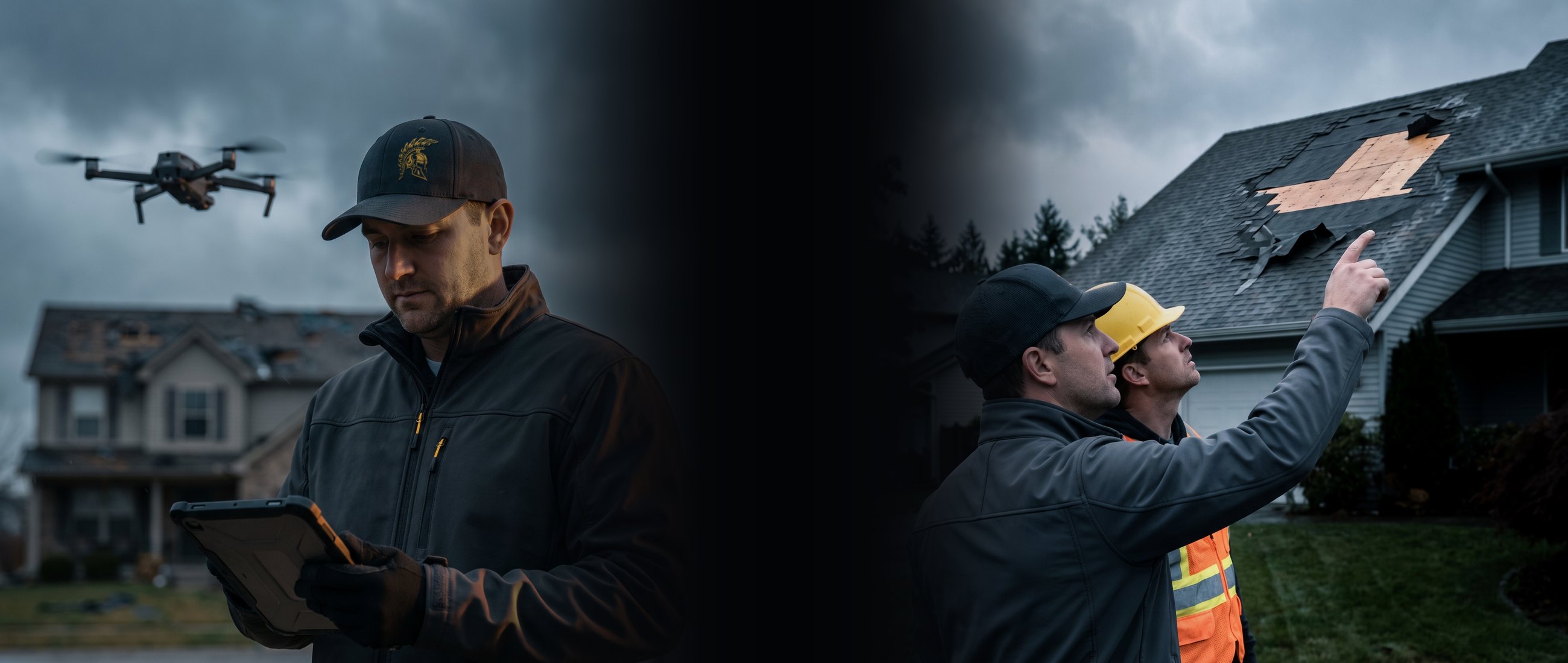 An Armor estimator flying a survey drone, and an estimator showing a contractor storm damage on a roof
