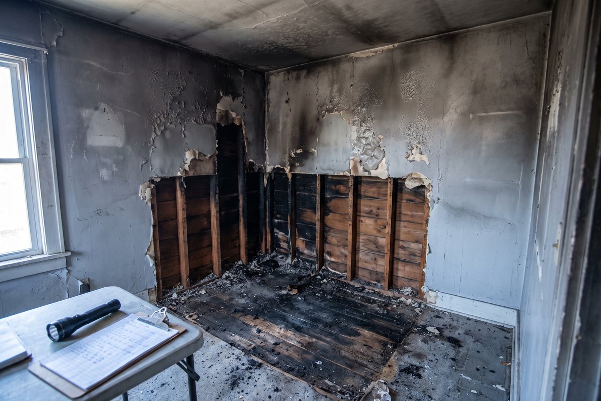 Charred wall studs and heavy soot staining in a fire damaged room