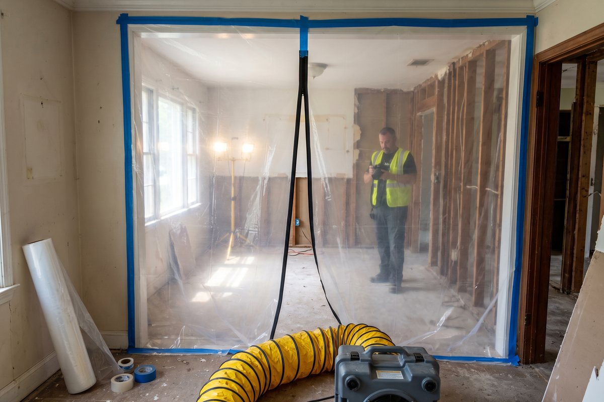 Plastic containment sheeting with a zippered entry and an air scrubber ducted through it