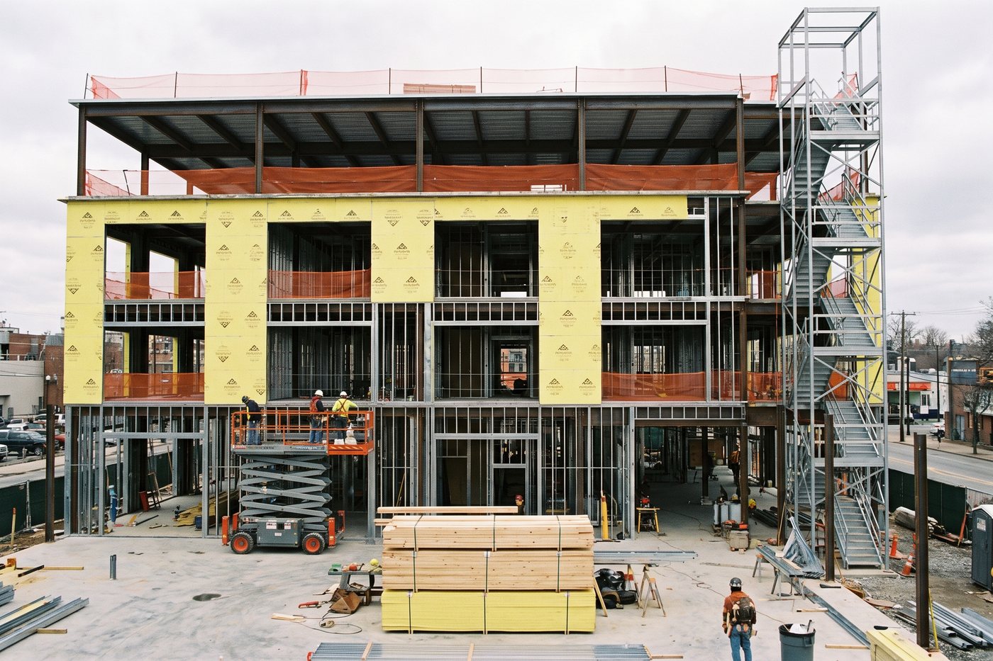 A commercial building half built, steel frame decked and sheathing going on