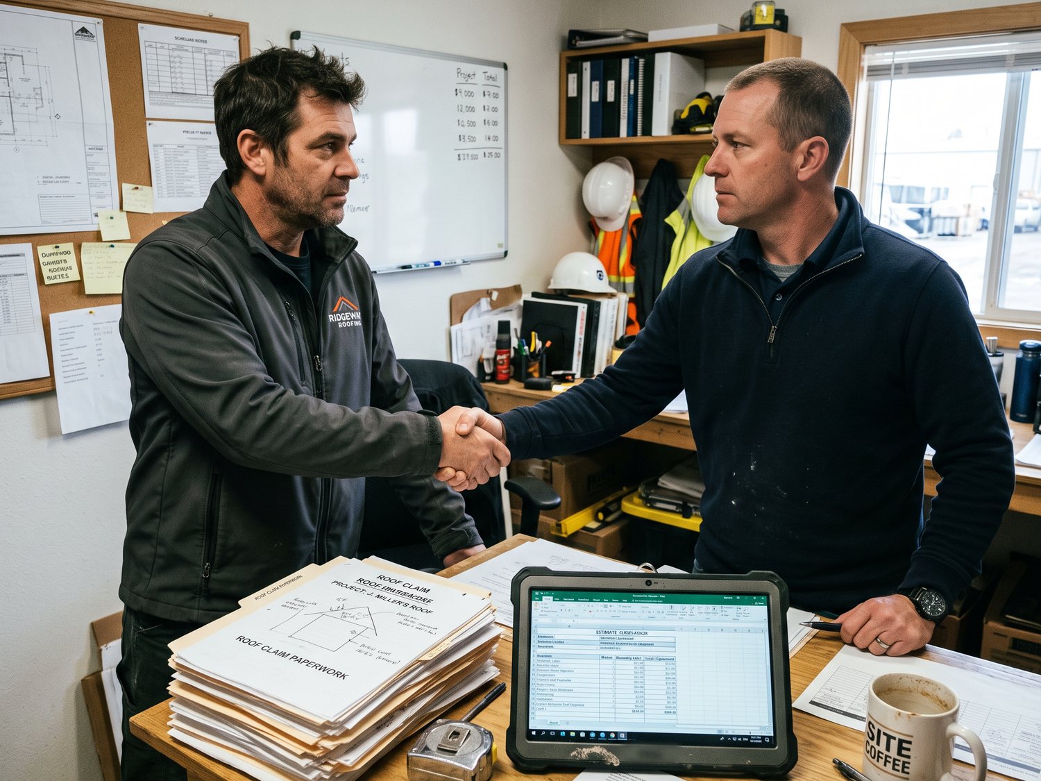 A contractor and an Armor estimator shaking hands over a stack of claim paperwork and a tablet